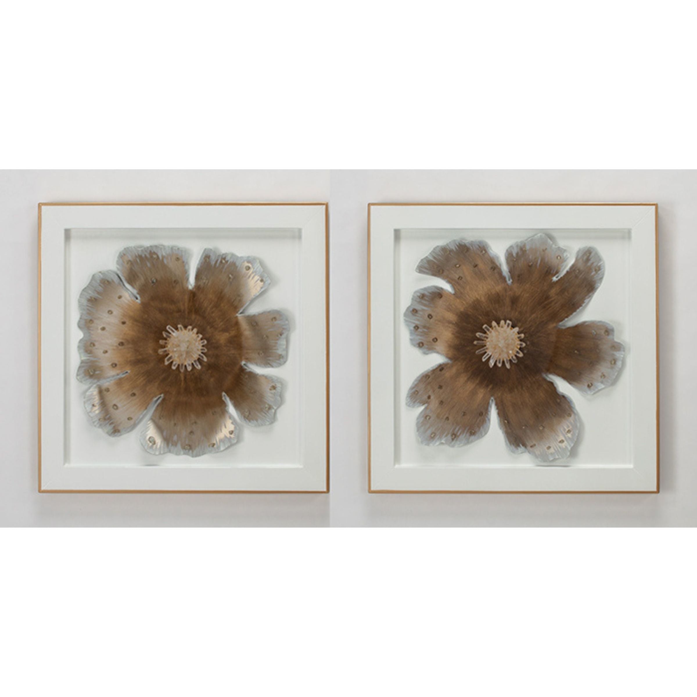 Set of 2 White and Gold Metal Flower Framed Wall Decor 28"W x 28"H
