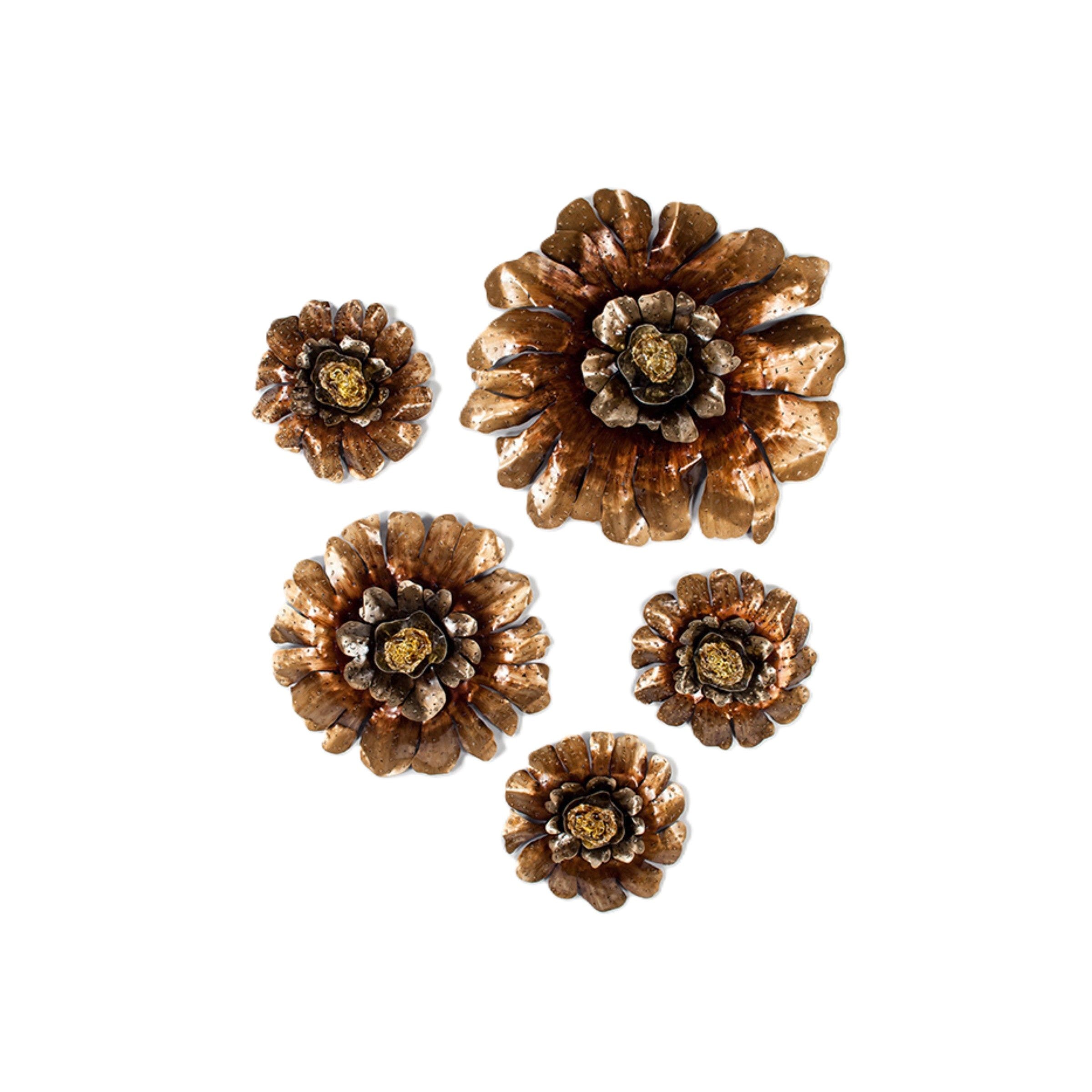 Set of 5 Bronze Metal and Glass Flowers Wall Decor 14/16/32"Rnd
