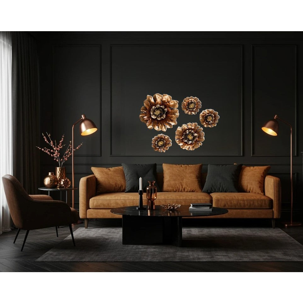 Set of 5 Bronze Metal and Glass Flowers Wall Decor 14/16/32"Rnd