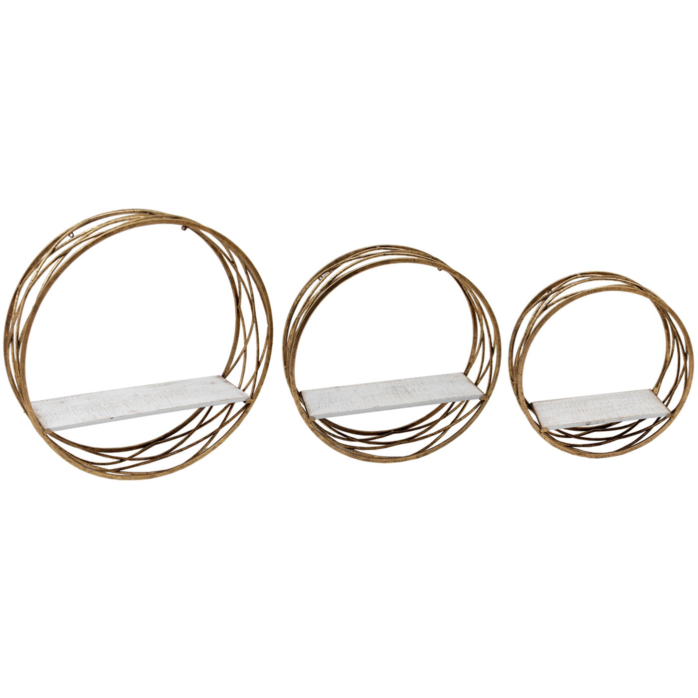 Set of 3 Gold Metal with White Wood Round Wall Shelves 6"W x 24"H