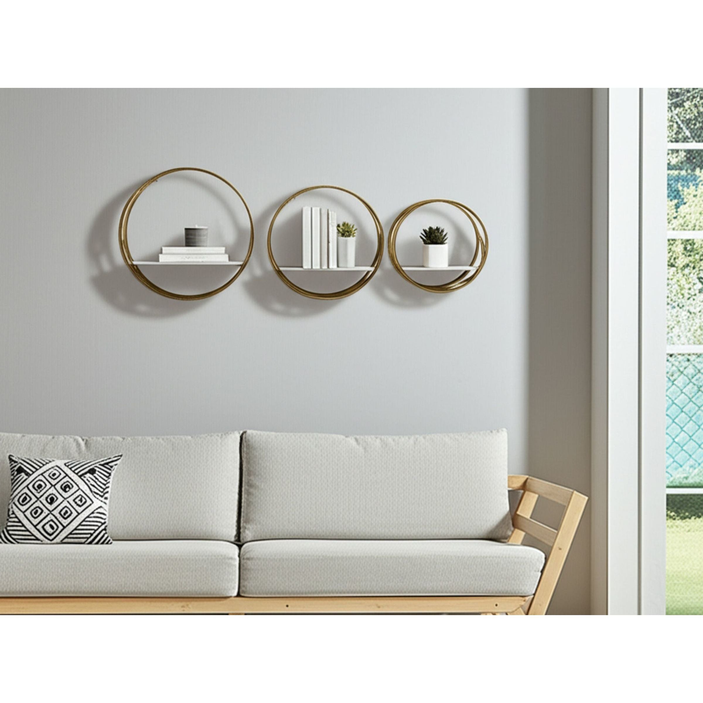 Set of 3 Gold Metal with White Wood Round Wall Shelves 6"W x 24"H