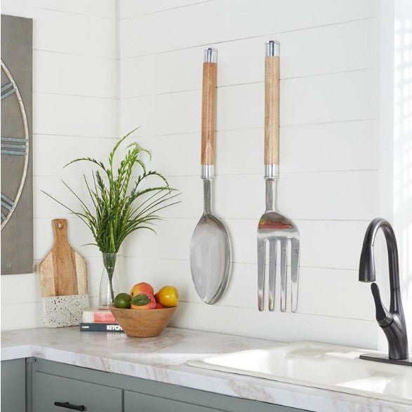 Set of 2 Aluminum and Wood Fork and Spoon Wall DÃ©cor 8"W x 35"H
