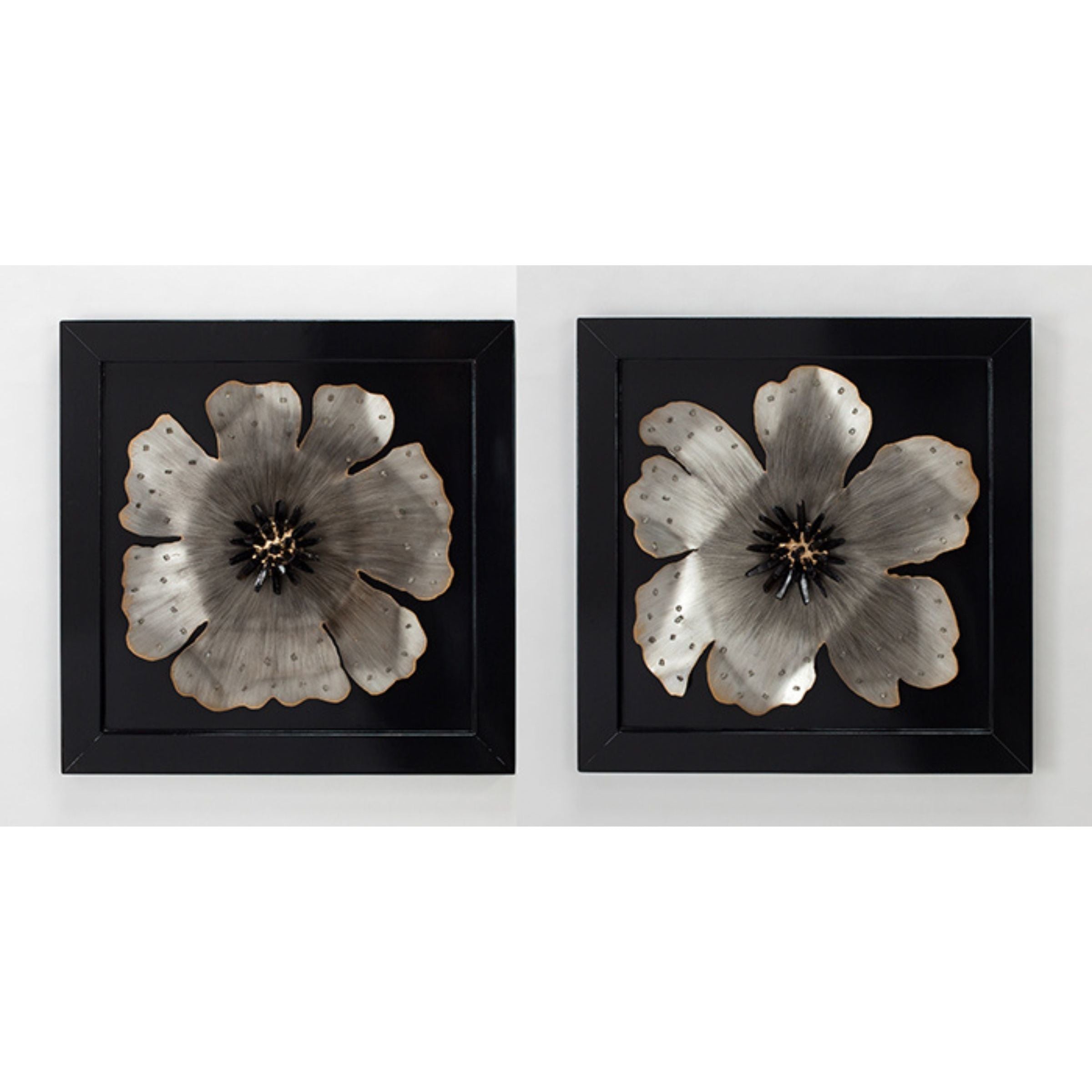 Set of 2 Black and Silver Metal Flower Framed Wall Decor 28"W x 28"H