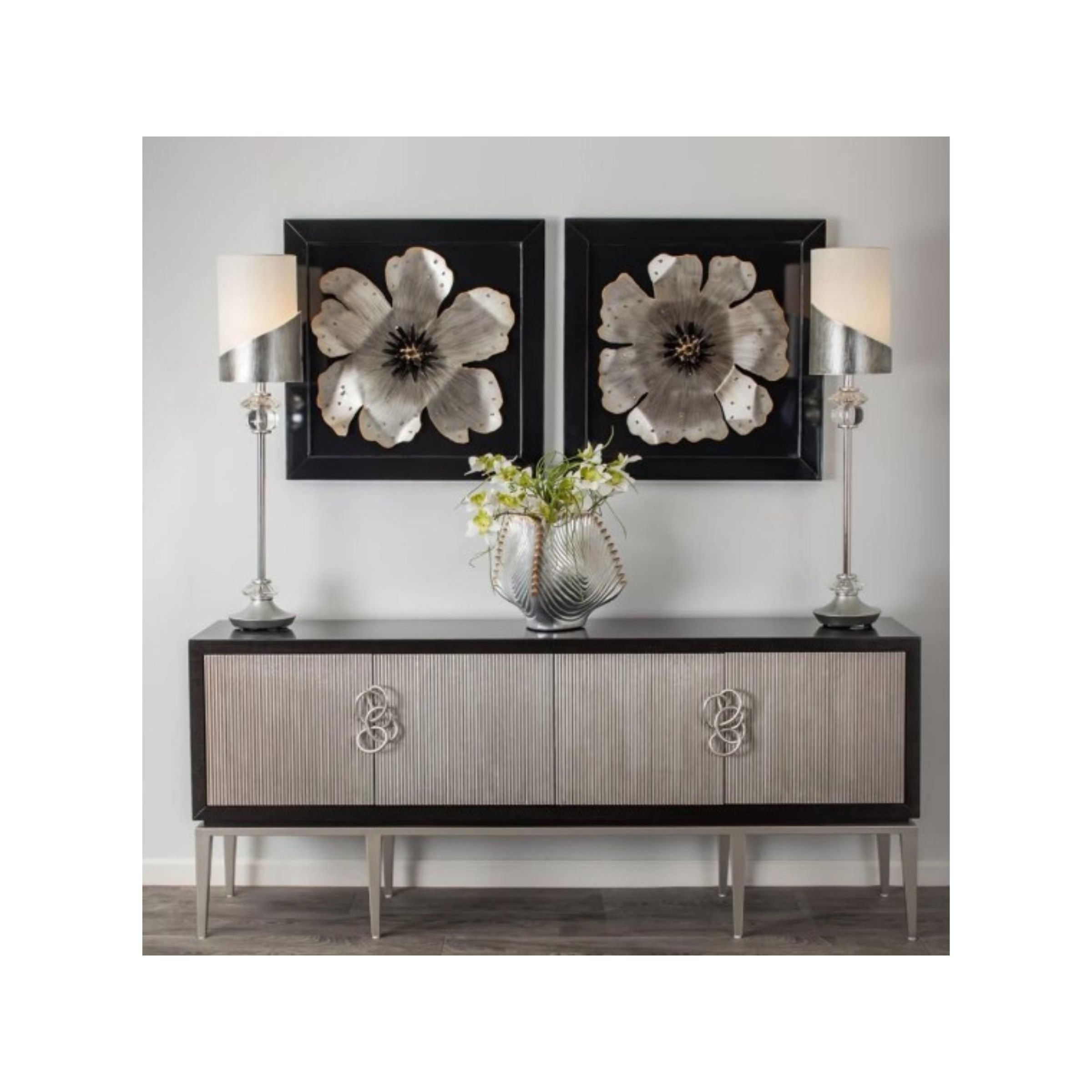 Set of 2 Black and Silver Metal Flower Framed Wall Decor 28"W x 28"H