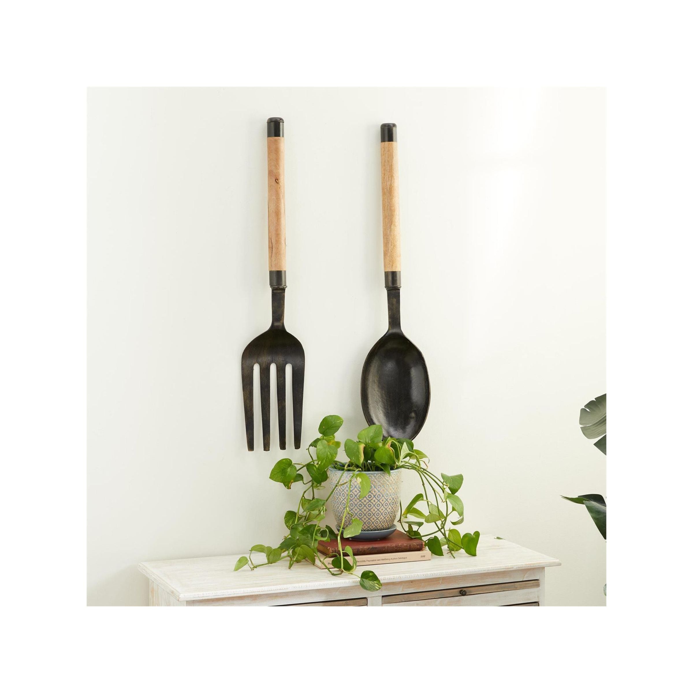 Set of 2 Metal and Wood Fork and Spoon Wall Decor 35"H