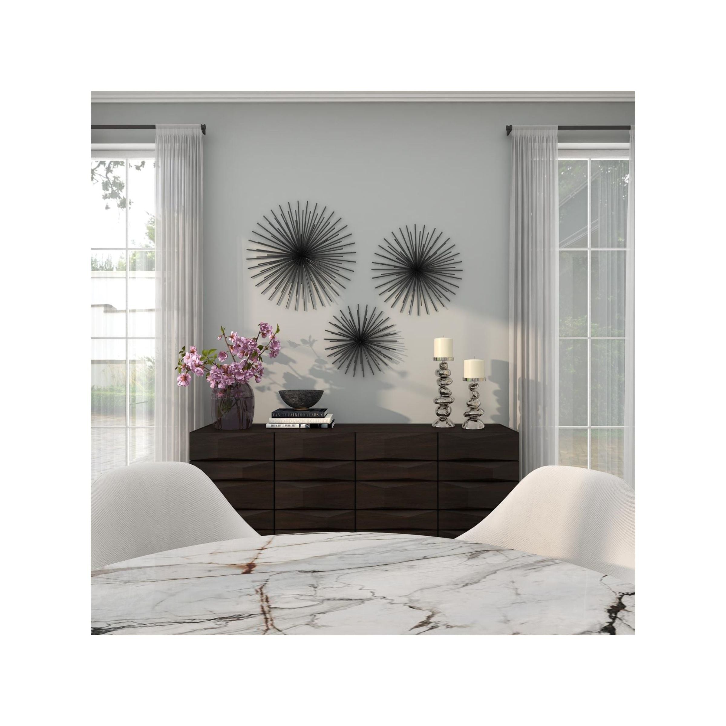 Set of 3 Black Metal Starburst Wall Decor 16/20/24"H
