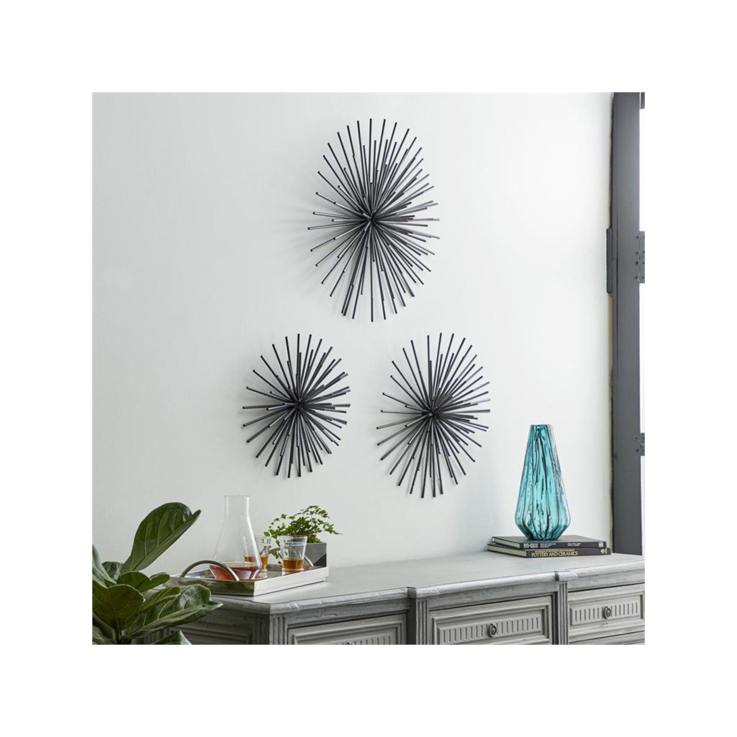 Set of 3 Black Metal Starburst Wall Decor 16/20/24"H