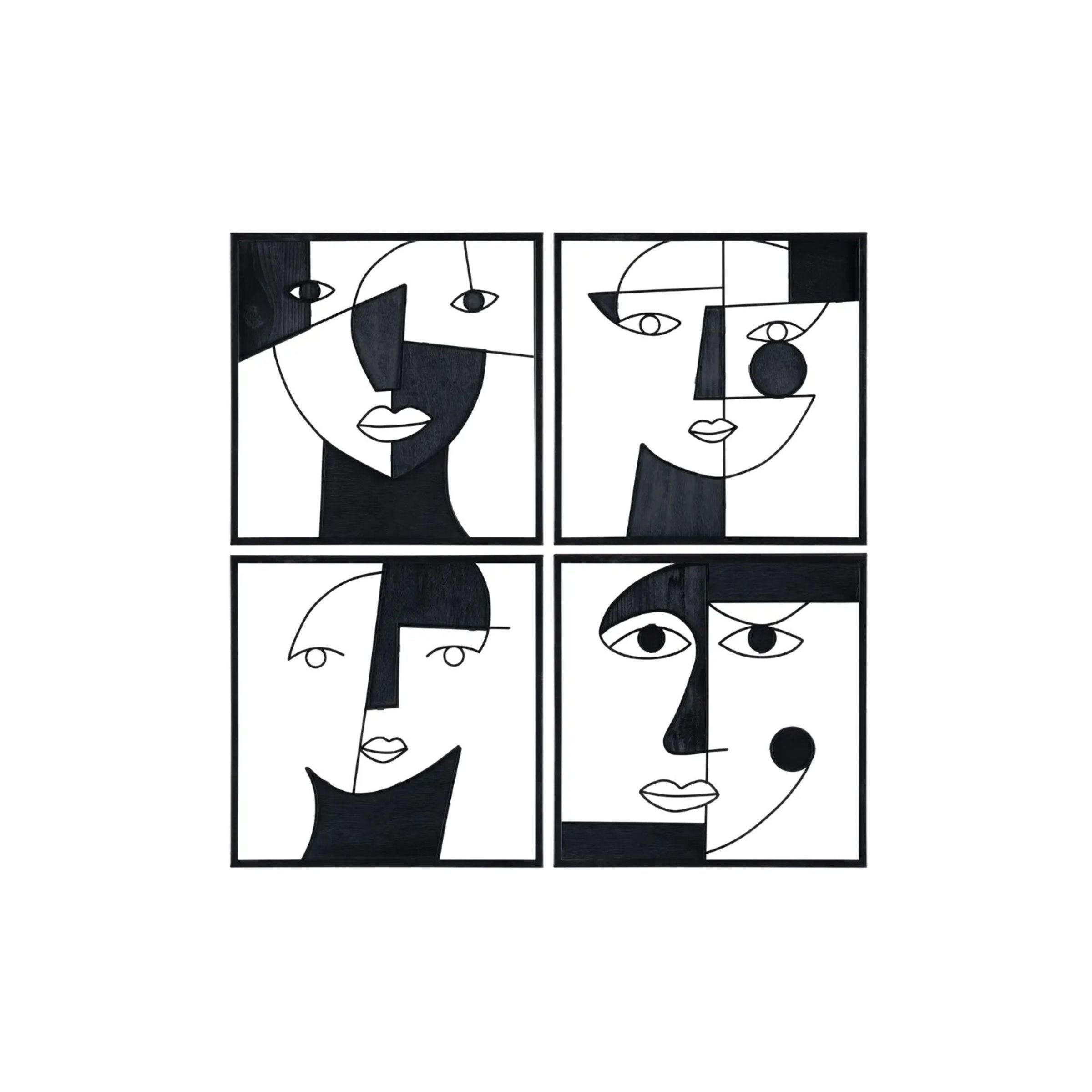 Set of 4 Black Metal and Wood Faces Wall Decor 18"W x 18"H