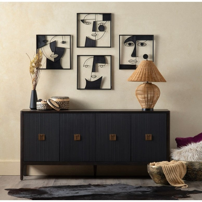 Set of 4 Black Metal and Wood Faces Wall Decor 18"W x 18"H
