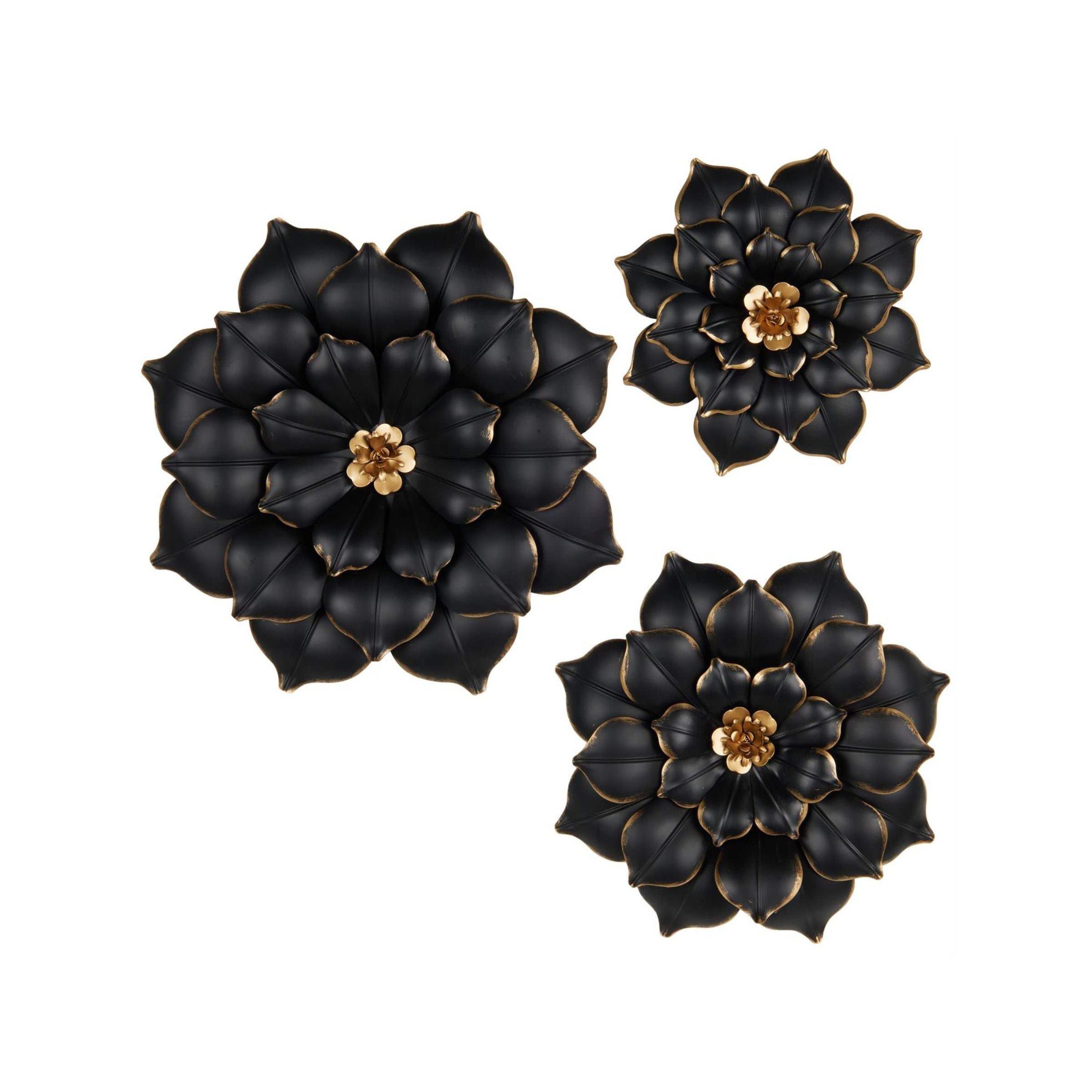 Set of 3 Black and Gold Metal Flowers Wall Decor 14/18/22"H