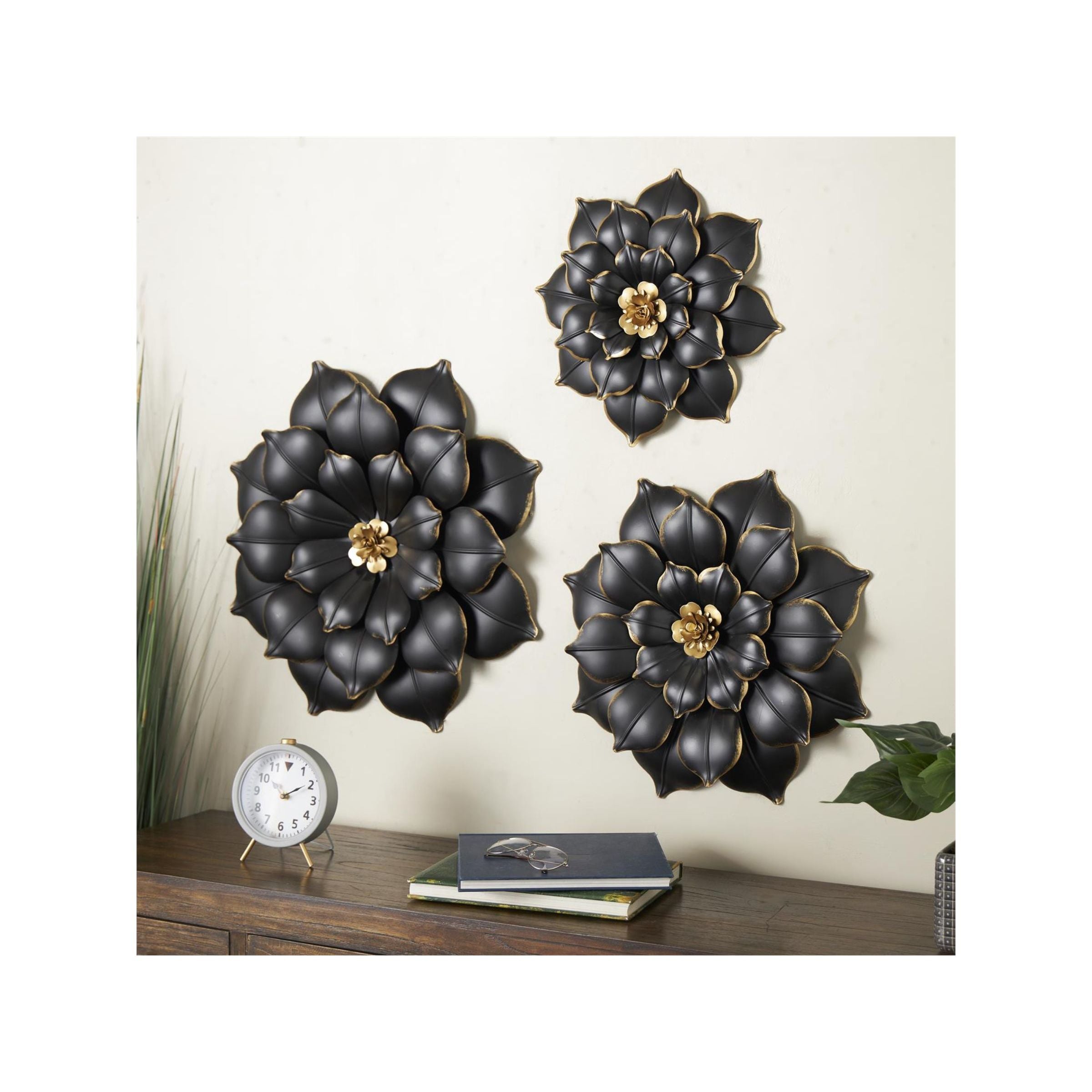 Set of 3 Black and Gold Metal Flowers Wall Decor 14/18/22"H