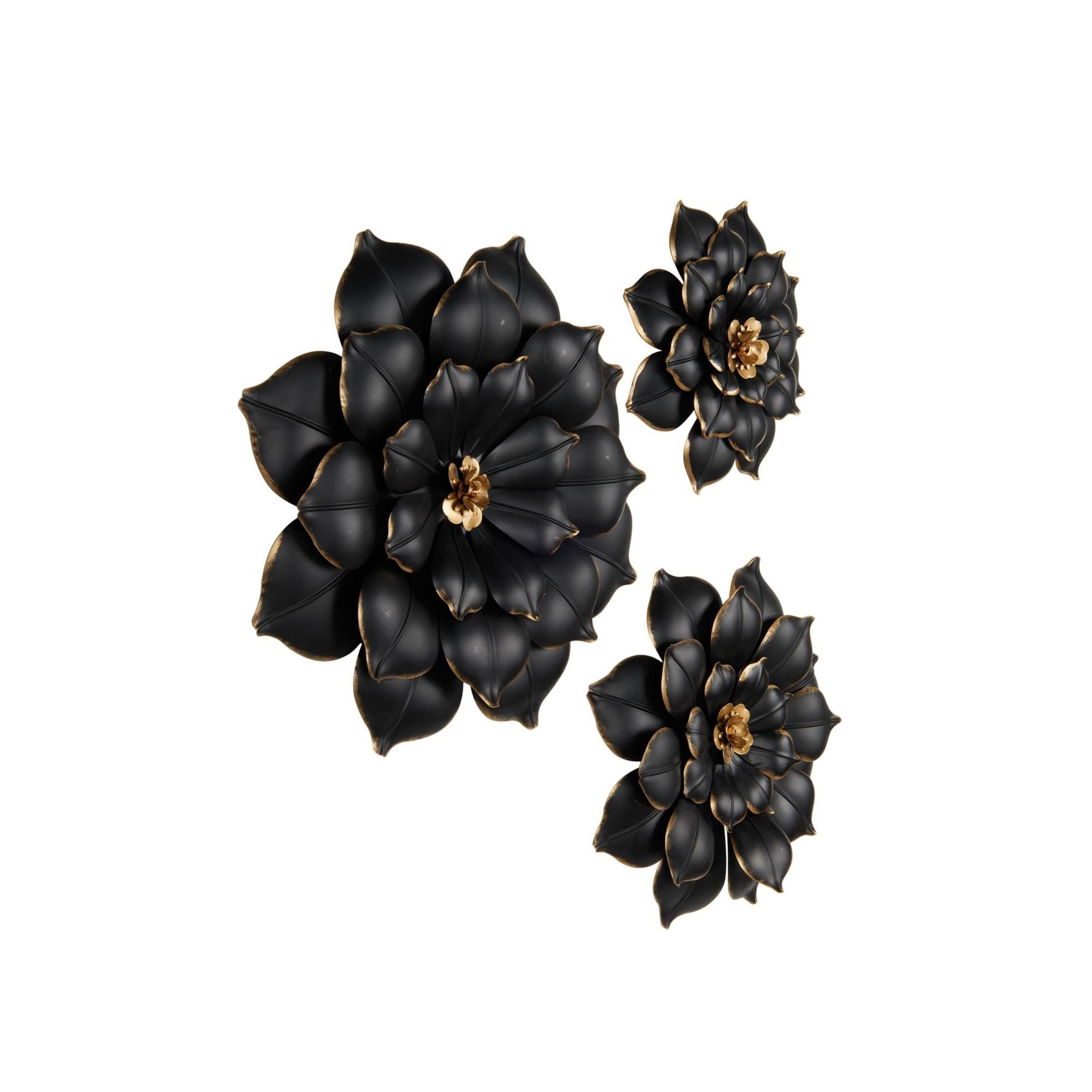 Set of 3 Black and Gold Metal Flowers Wall Decor 14/18/22"H
