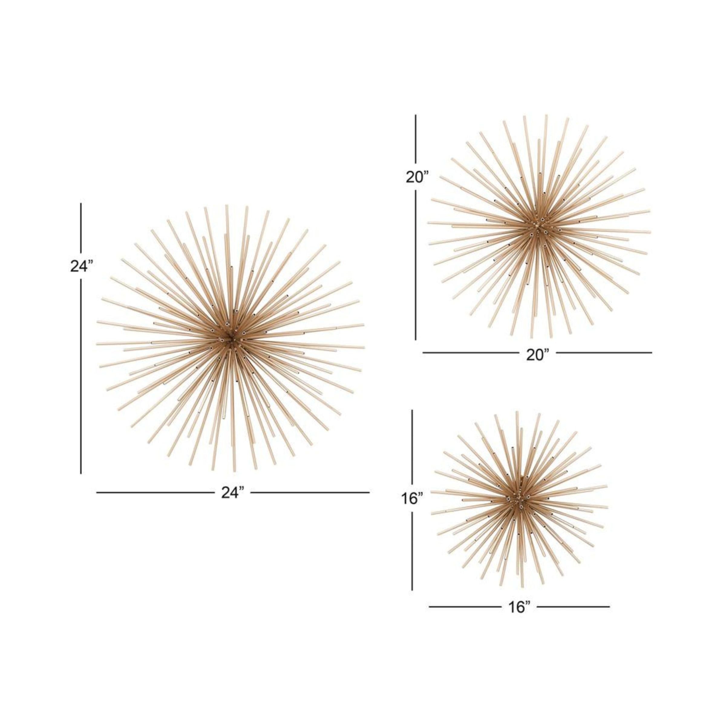 Set of 3 Gold Metal Starburst Wall Decor 16/20/24"H