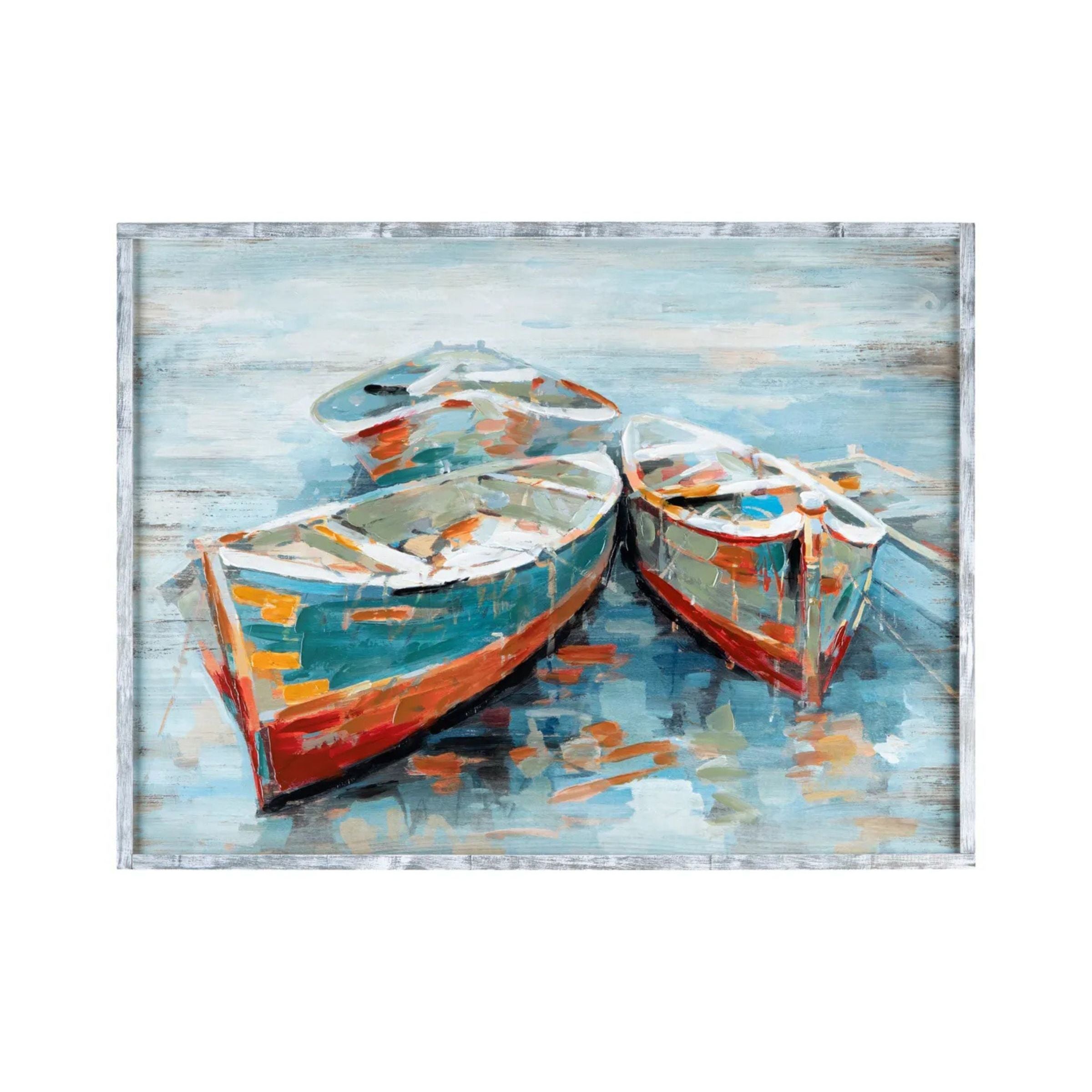 Painting of three colorful rowboats on calm water in an impressionist style.