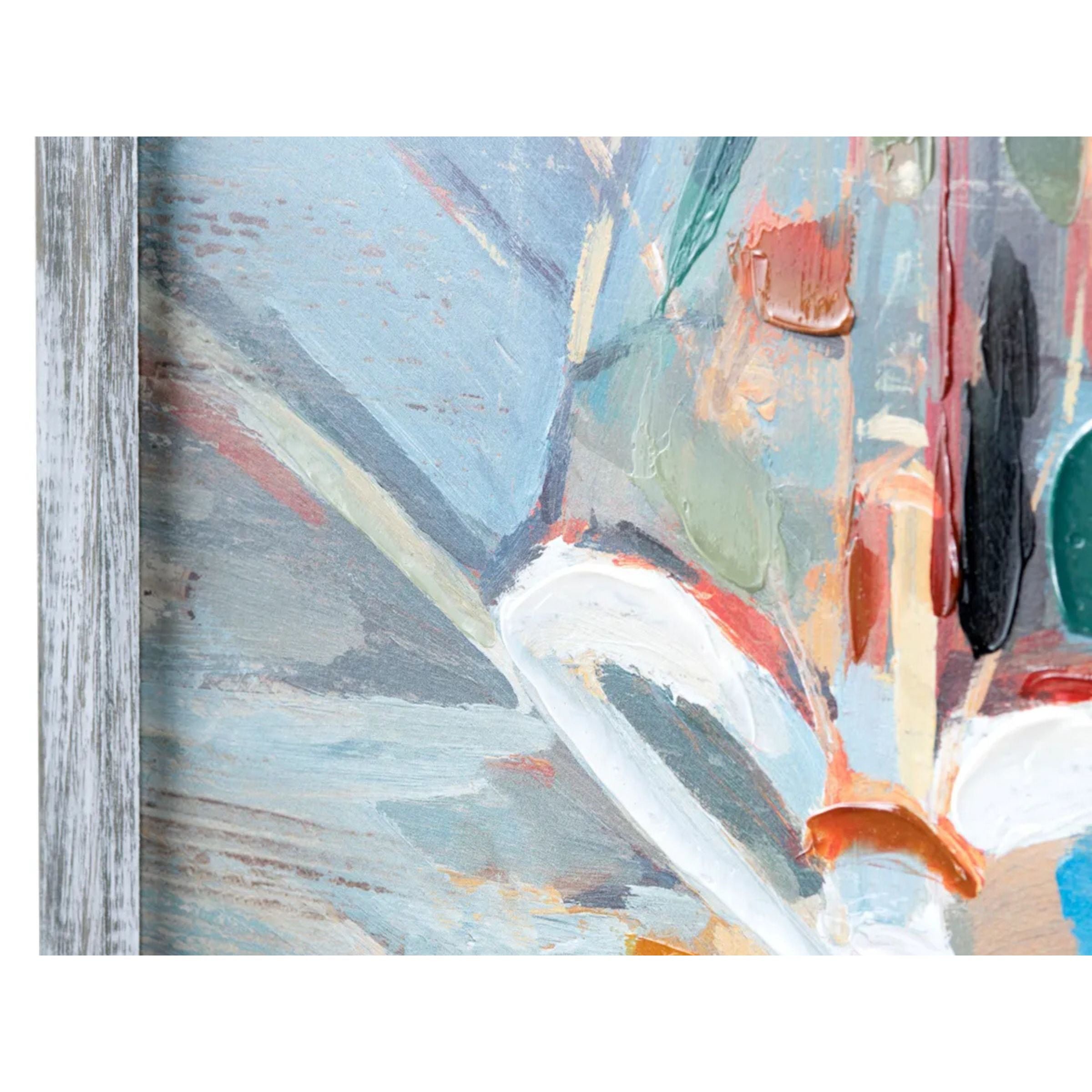 Abstract close-up of textured brushstrokes in pastel and earthy colors with partial wood frame.