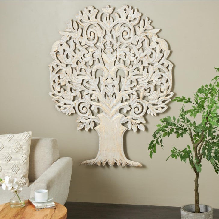 White and Gold Carved Wood Tree Wall Decor 48"W x 60"H