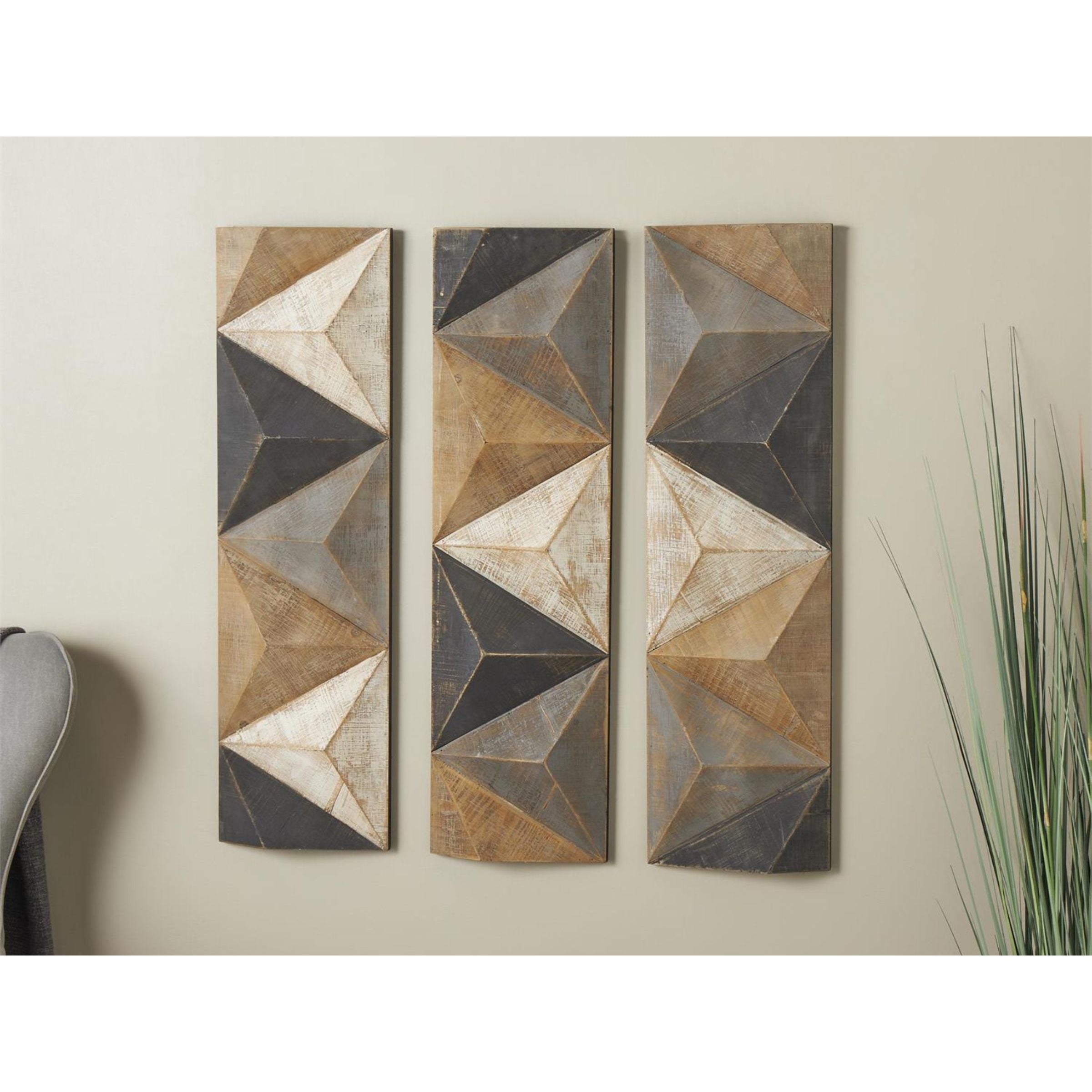 Set of 3 Black, Grey, Cream, and Brown Tri-Dimensional Panels 11"W x 36"H