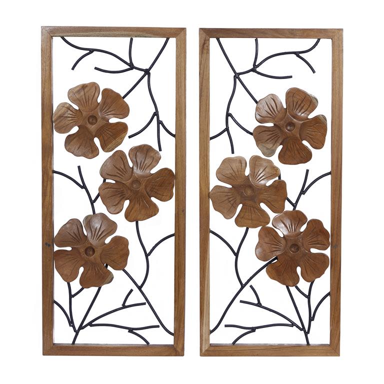 Set of 2 Teak Wood Flower Wall DÃ©cor 14"W x 32"H