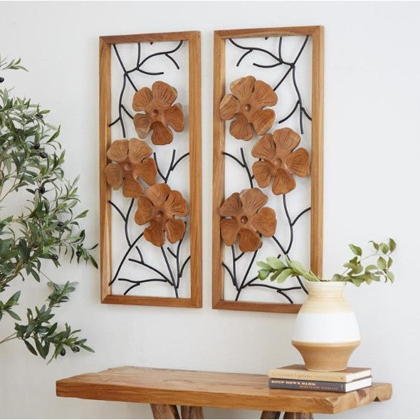 Set of 2 Teak Wood Flower Wall DÃ©cor 14"W x 32"H