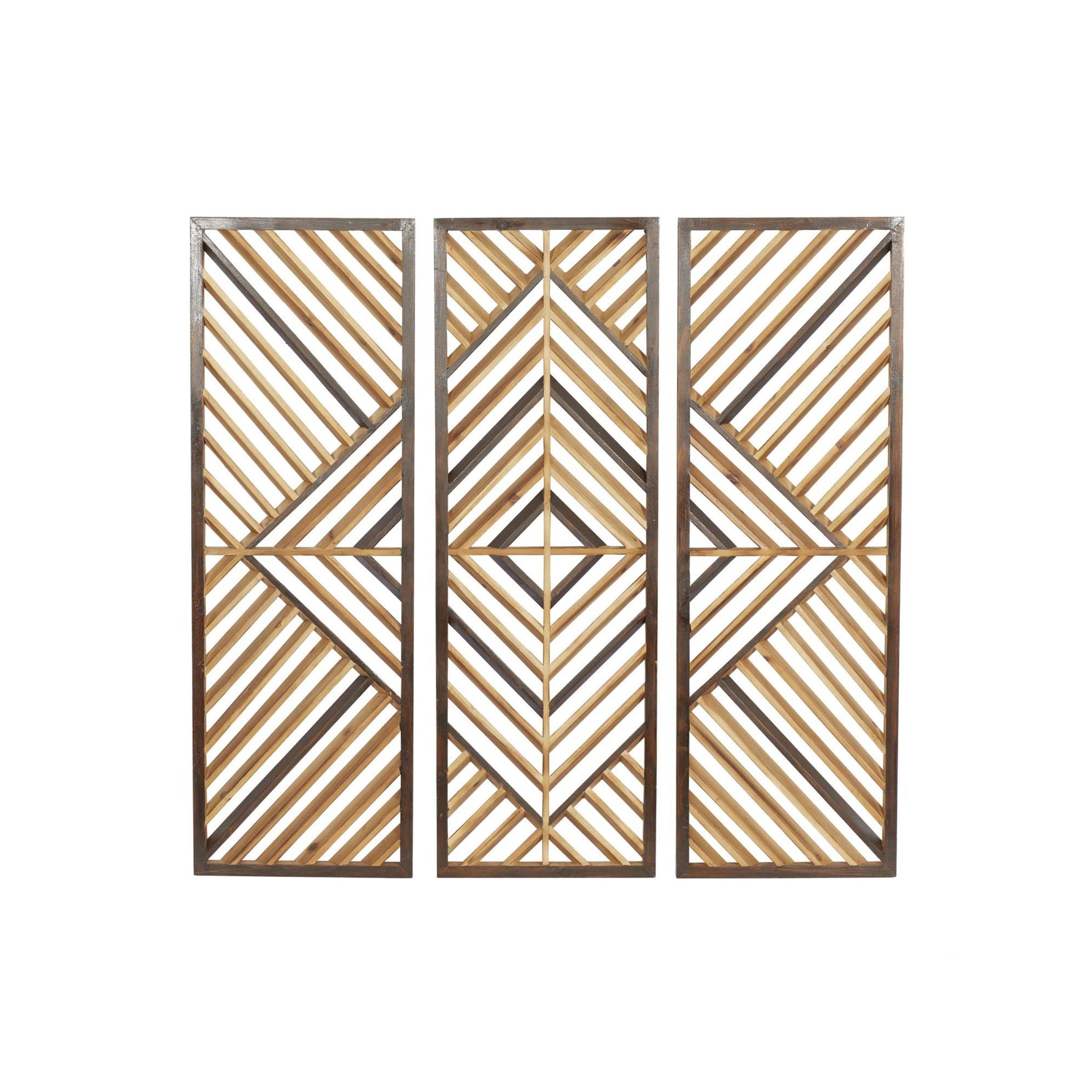 Set of 3 Brown Wood Geometric Wall Plaques 12"W x 35"H