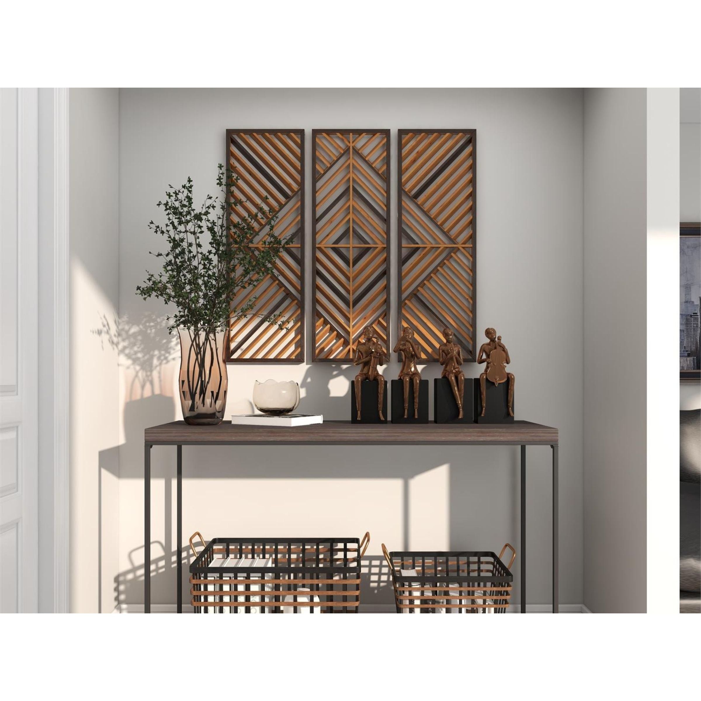 Set of 3 Brown Wood Geometric Wall Plaques 12"W x 35"H