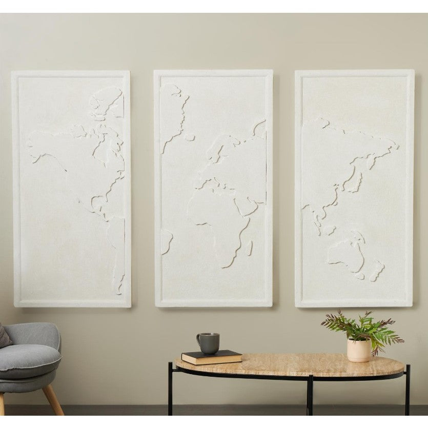 Set of 3 White 3D World Map Wall Art 24"W x 47"H