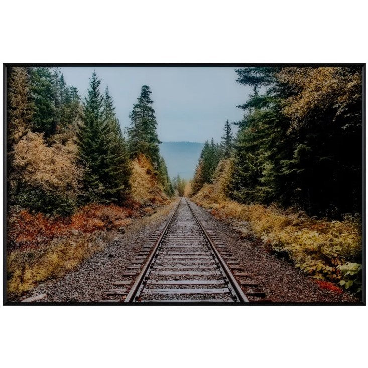 Autumn Railroad Track Framed Tempered Glass Art 48"W x 32"H
