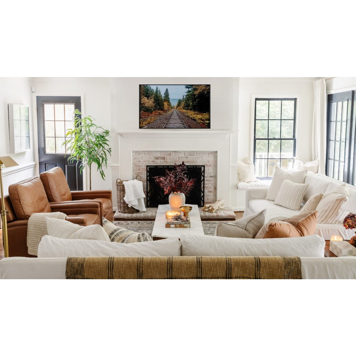 Autumn Railroad Track Framed Tempered Glass Art 48"W x 32"H