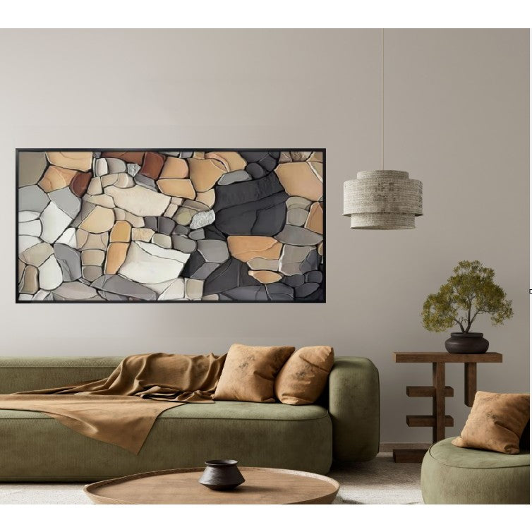 Charcoal, Brown, and Cream Mosaic Stone Print Framed Wall Decor 87"W x 47"H