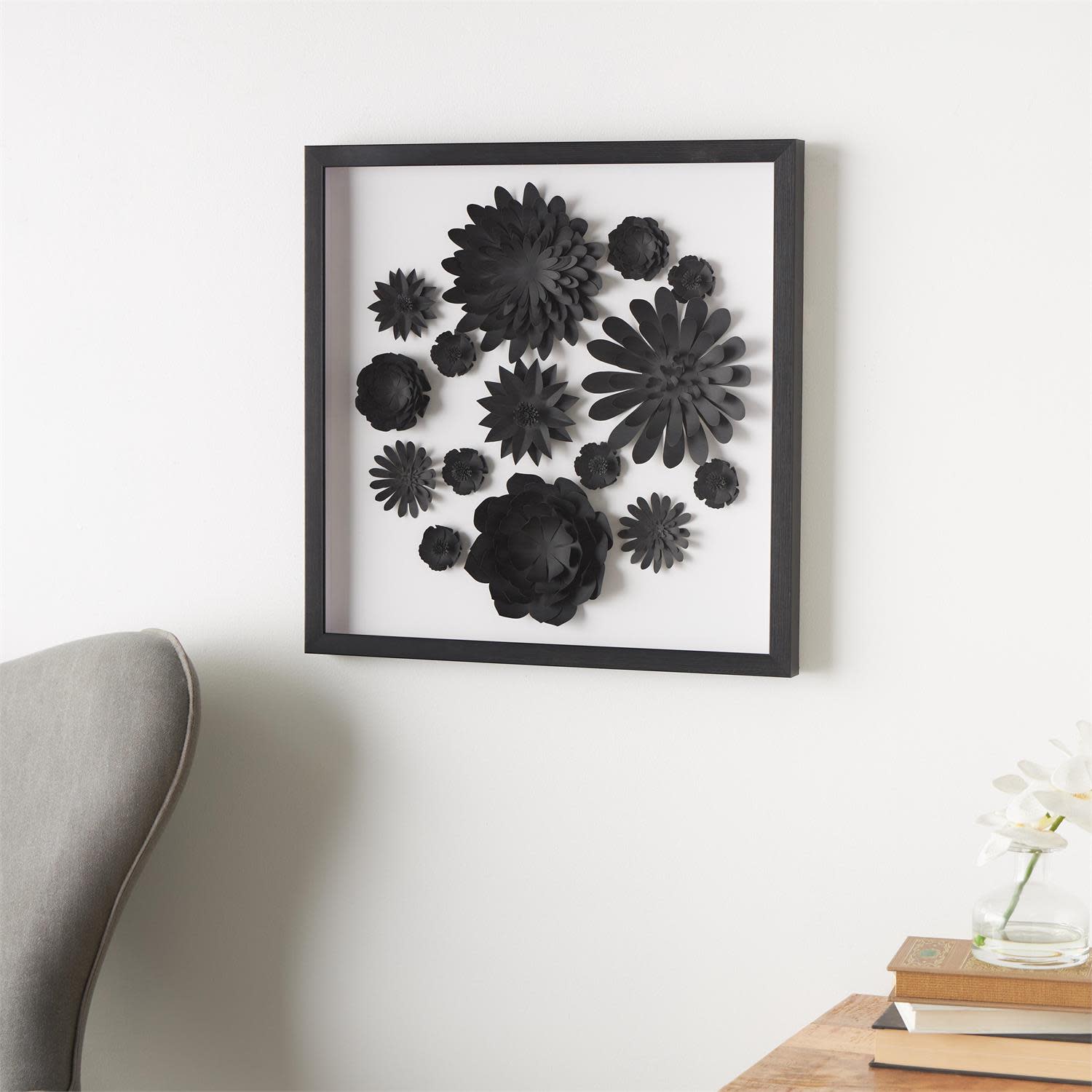 Black Paper Flowers Shadowbox Art  20"W x 20"H