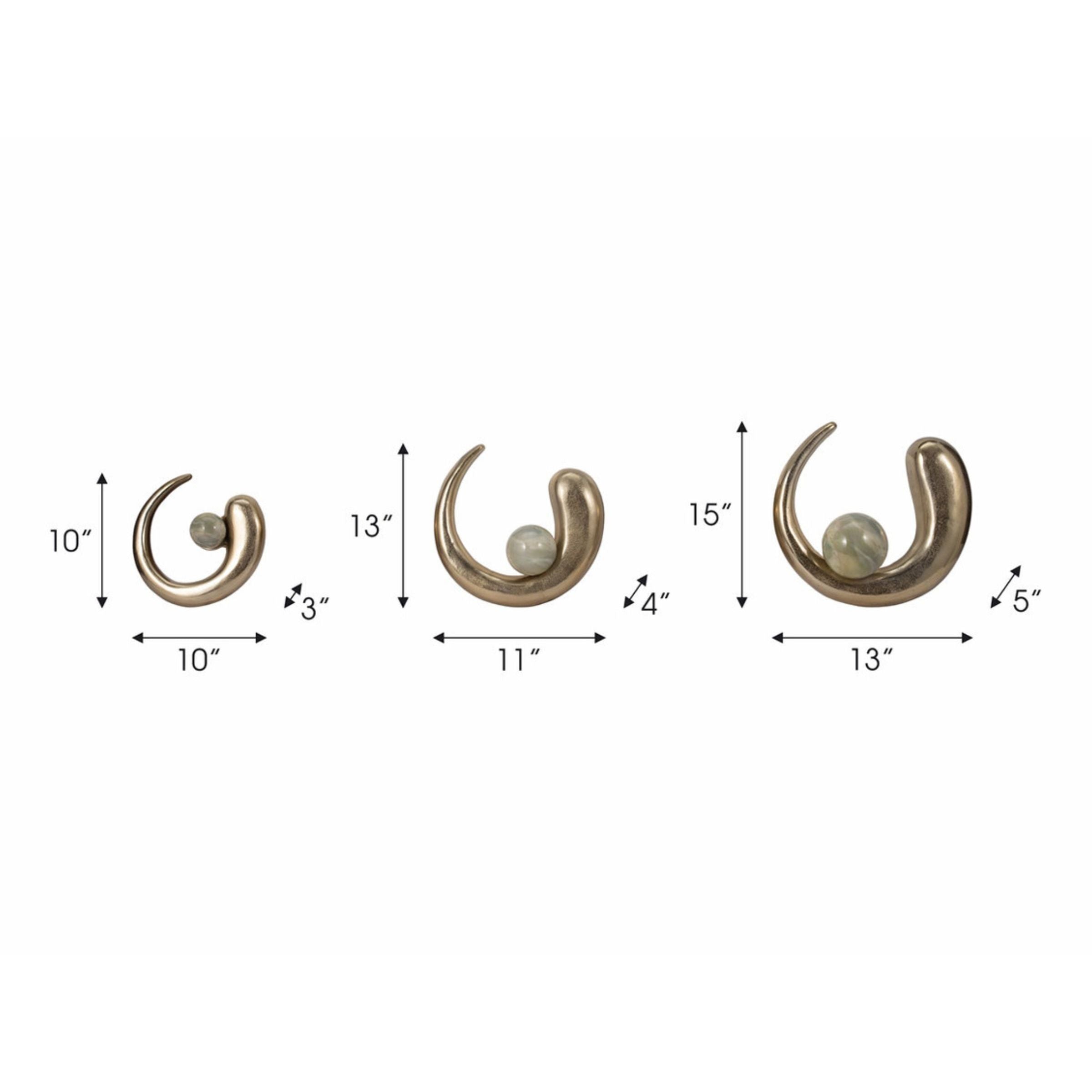 Set of three gold spiral sculptures with spheres, each shown with height, width, and depth dimensions.