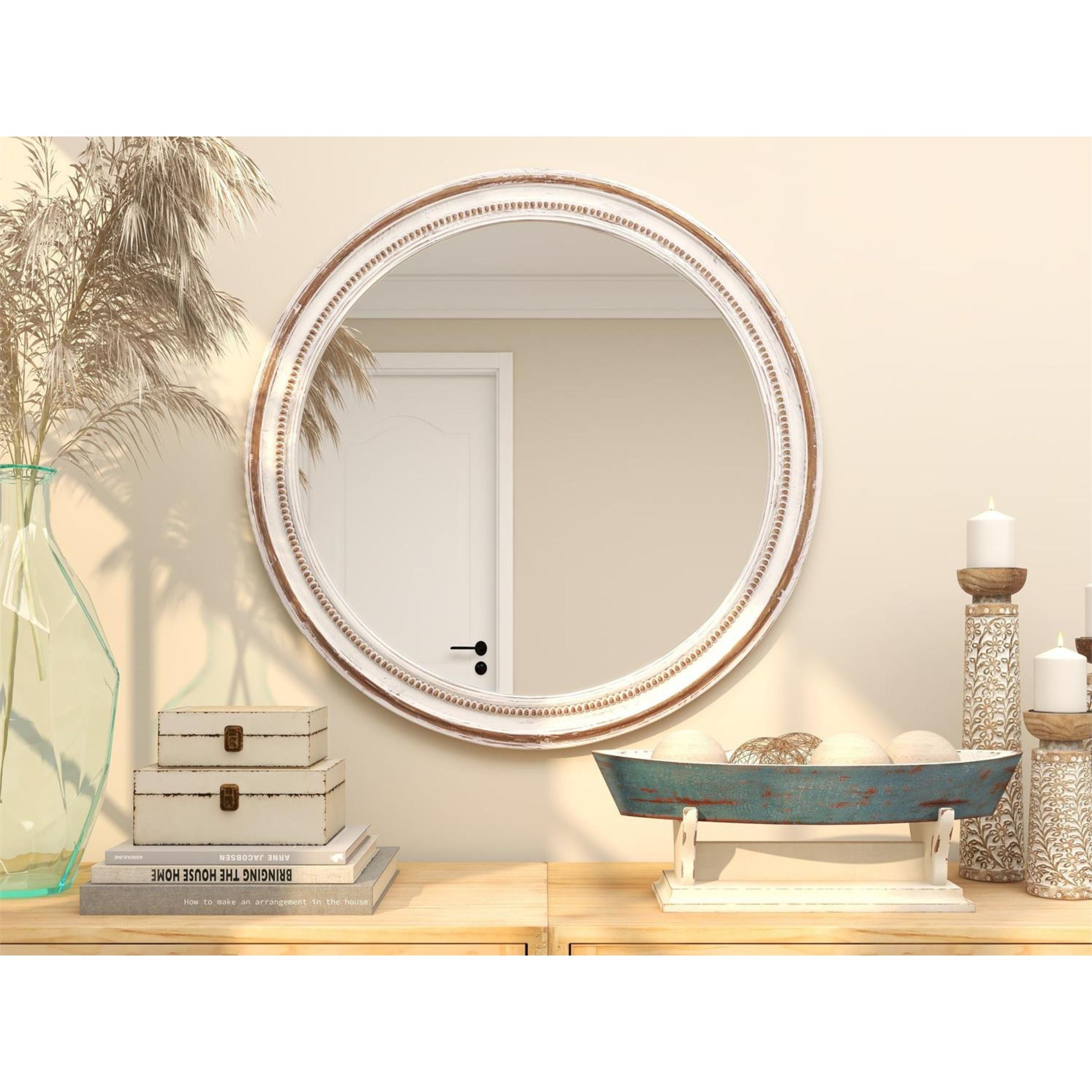 White Wood Wall Mirror 36.5" Round