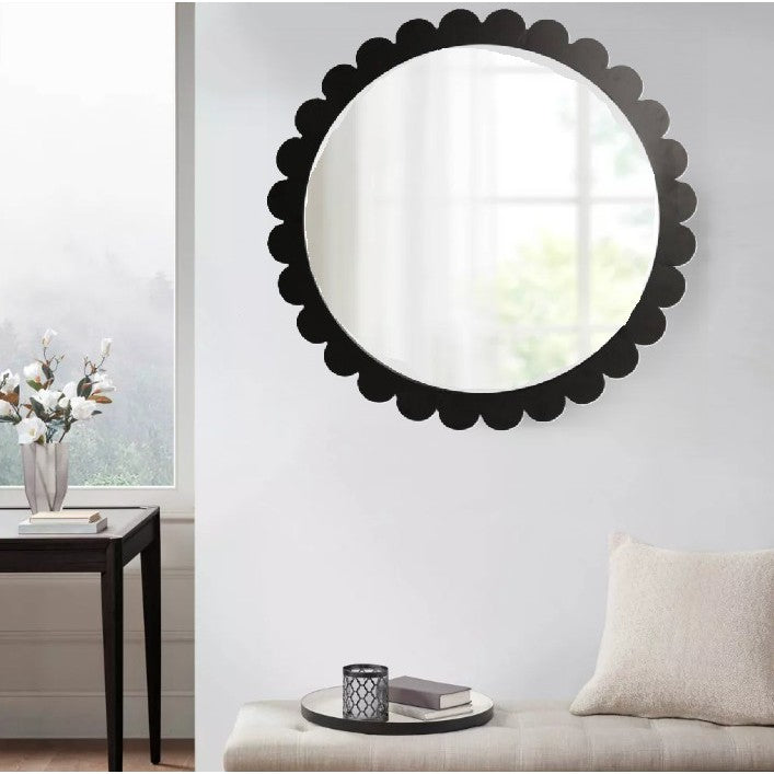 Black Metal Scalloped Wall Mirror 34" Rnd