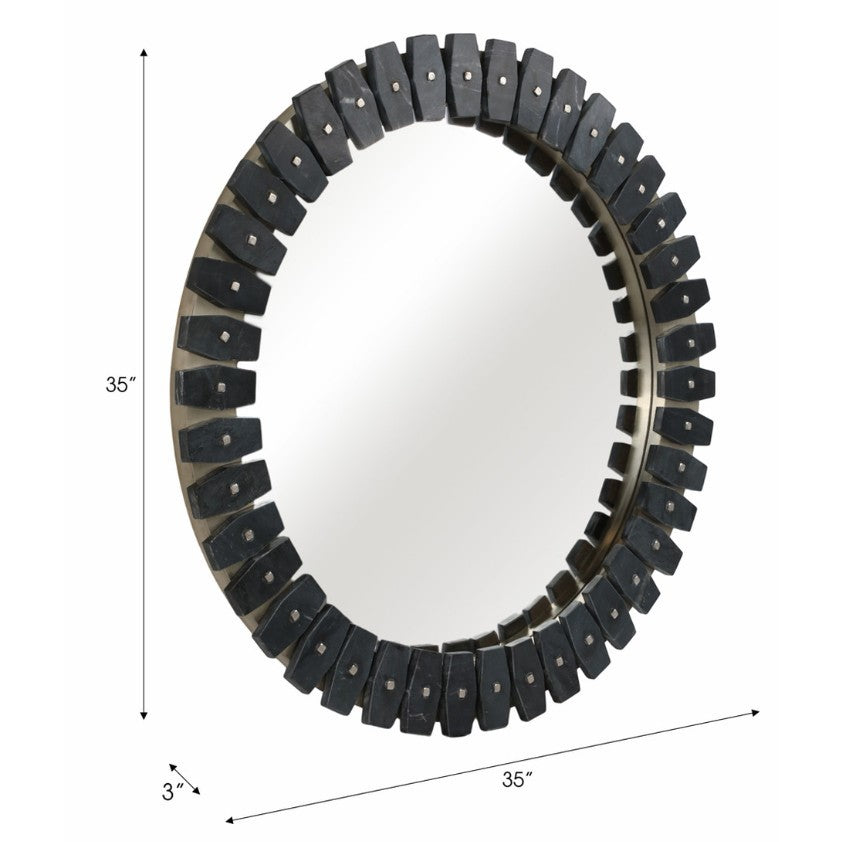 Round wall mirror with dark geometric wooden frame, 35 inches diameter.