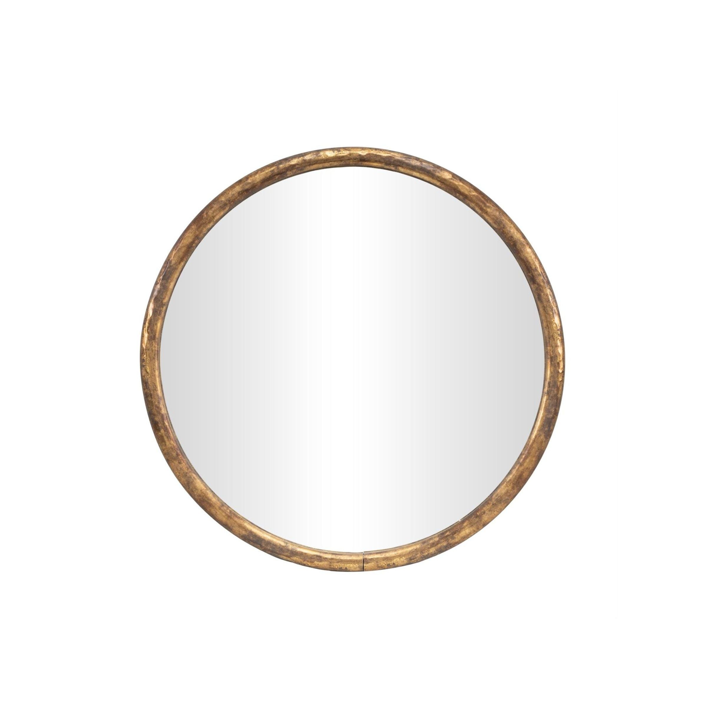 Round wall mirror with an antique gold frame.