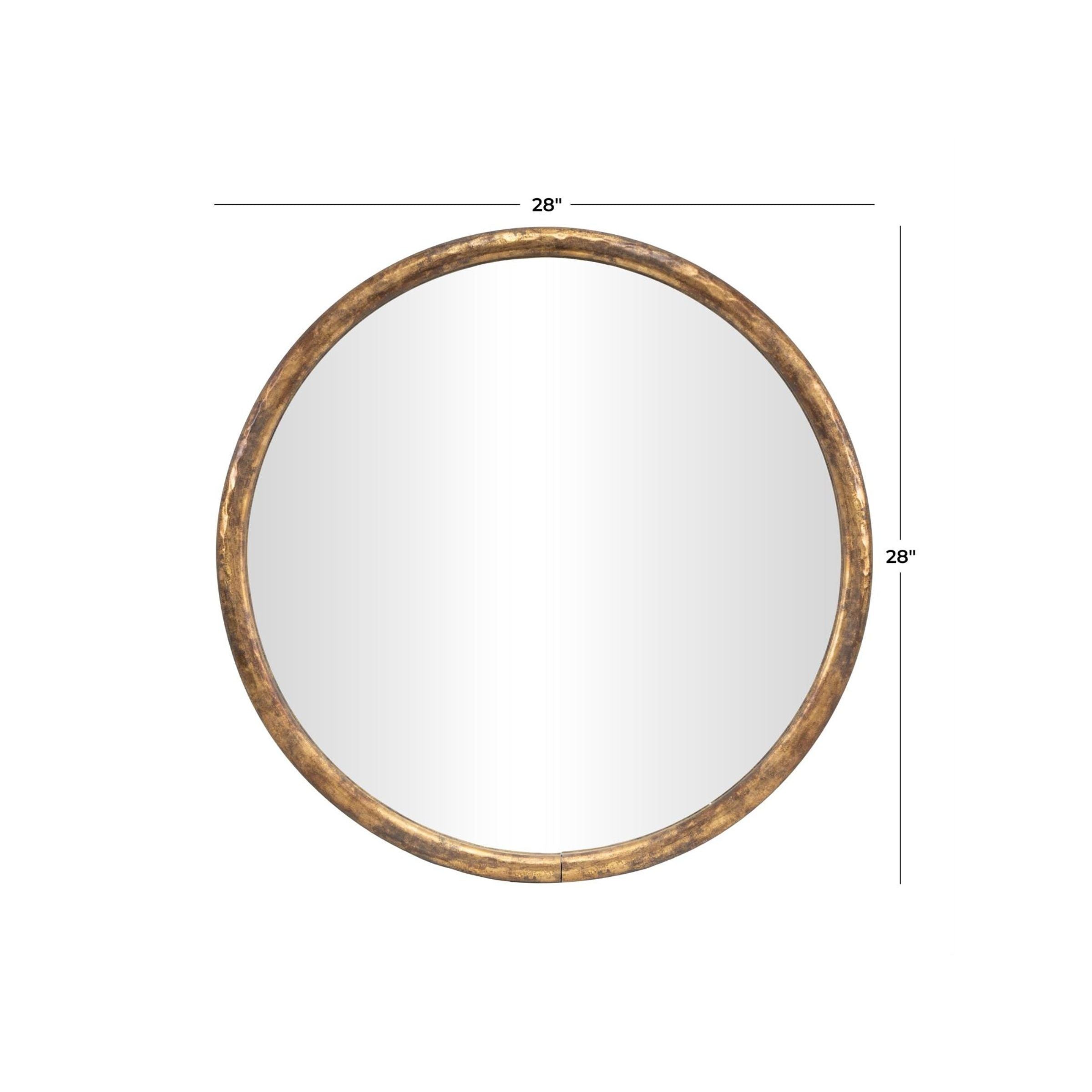 Round wall mirror with a gold frame, 28 inches in diameter.
