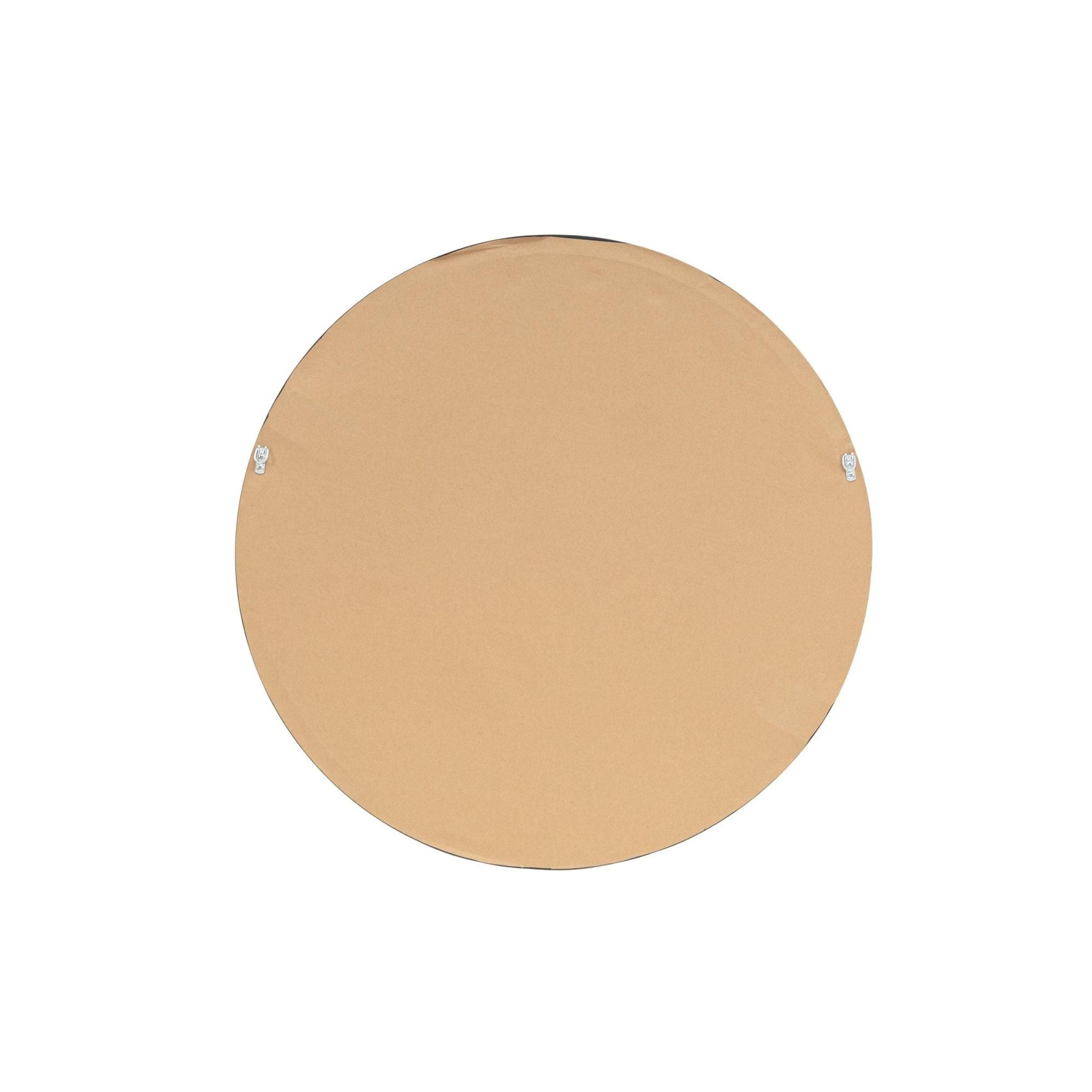 Back of a round wall mirror with two mounting brackets.