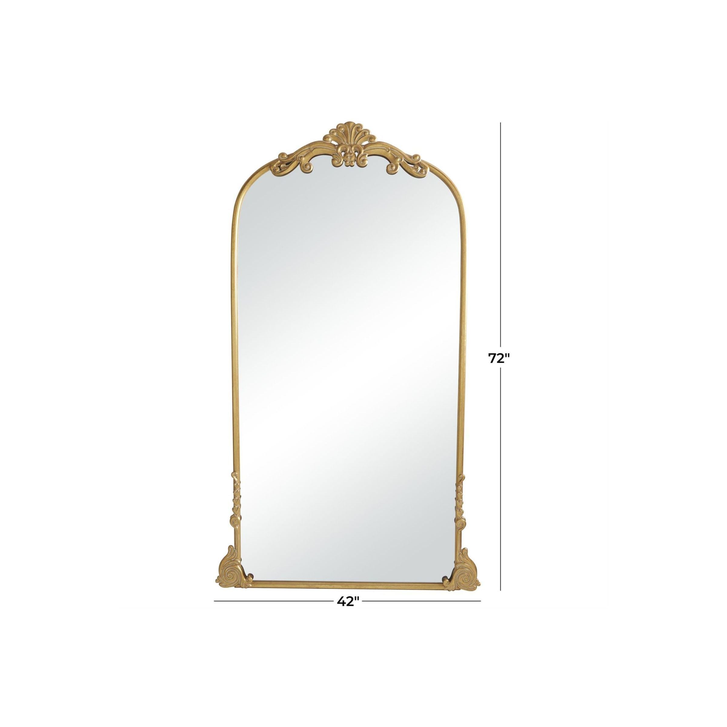 Tall arched gold-framed decorative mirror, measuring 72 inches high by 42 inches wide.