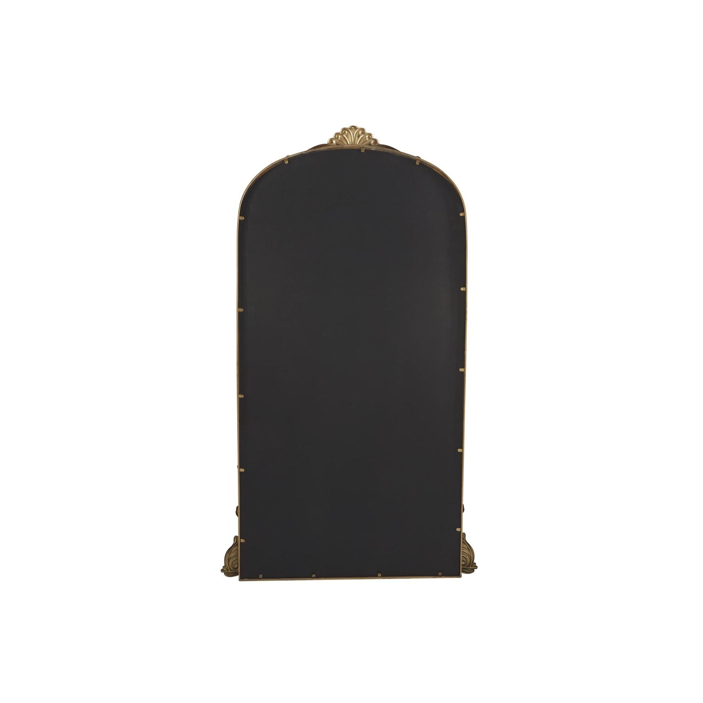 Back view of an arched decorative mirror with gold trim and ornate top detailing.