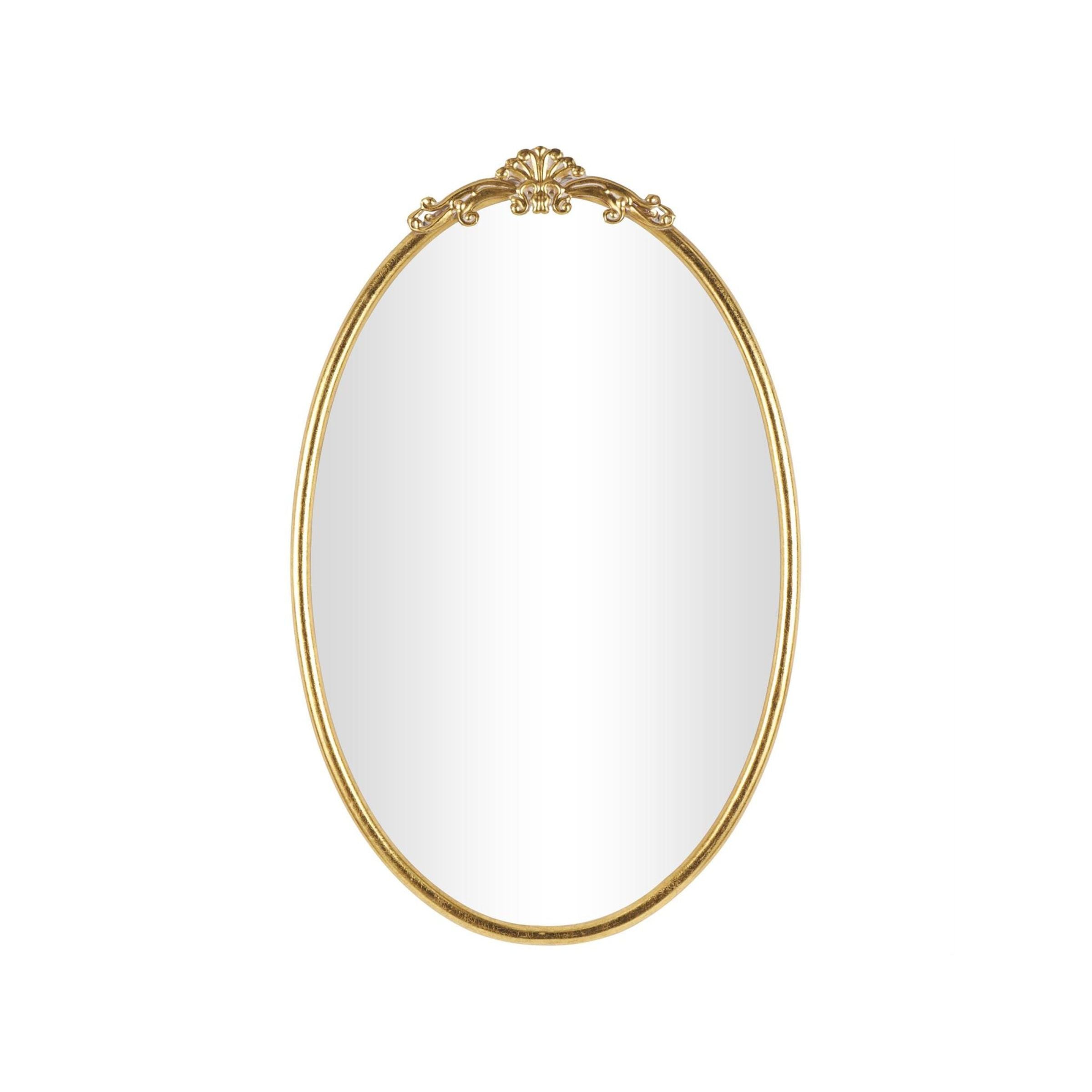 Oval mirror with a decorative gold frame and ornate top accent.