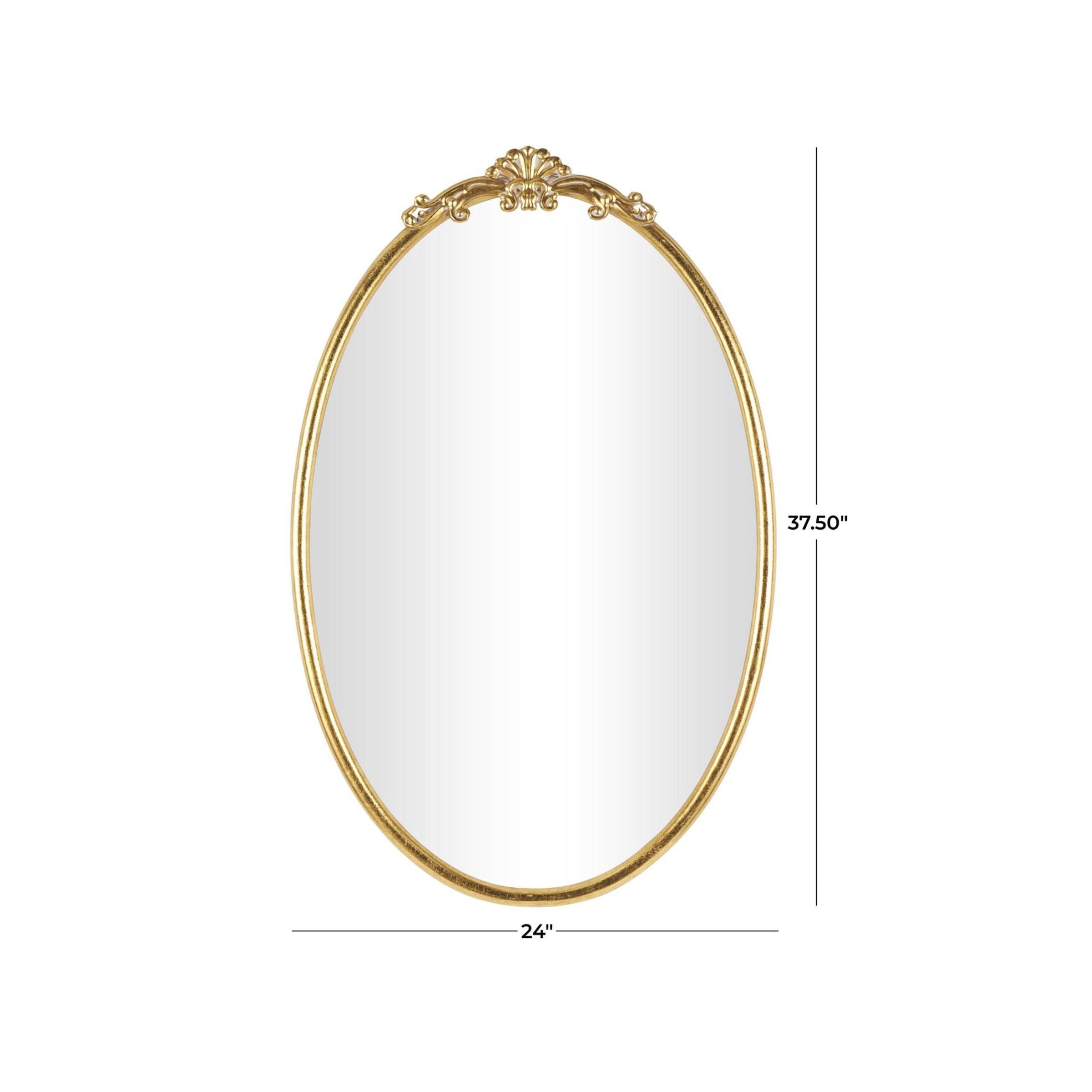 Oval gold-framed wall mirror, 37.5 inches tall and 24 inches wide.