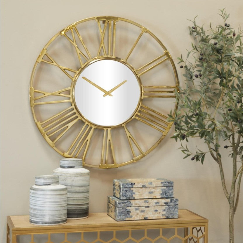 Wide Gold Mirror Wall Clock 35" Round