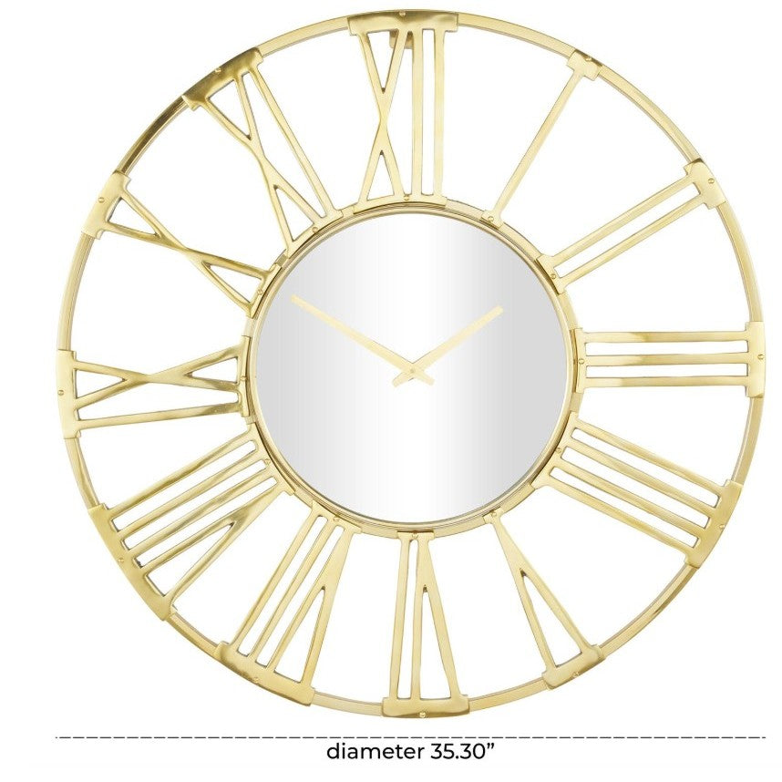 Wide Gold Mirror Wall Clock 35" Round