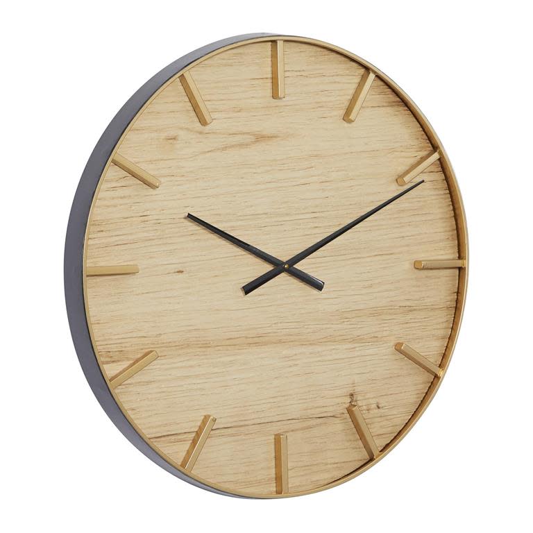 Natural Wood and Gold Metal Wall Clock 24" Round
