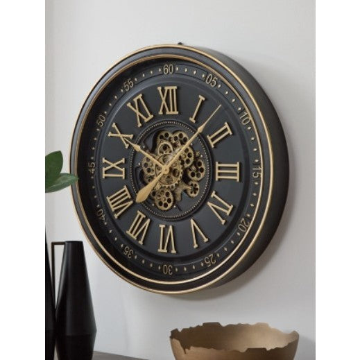 Black and Gold Metal Gears Wall Clock 32" Round