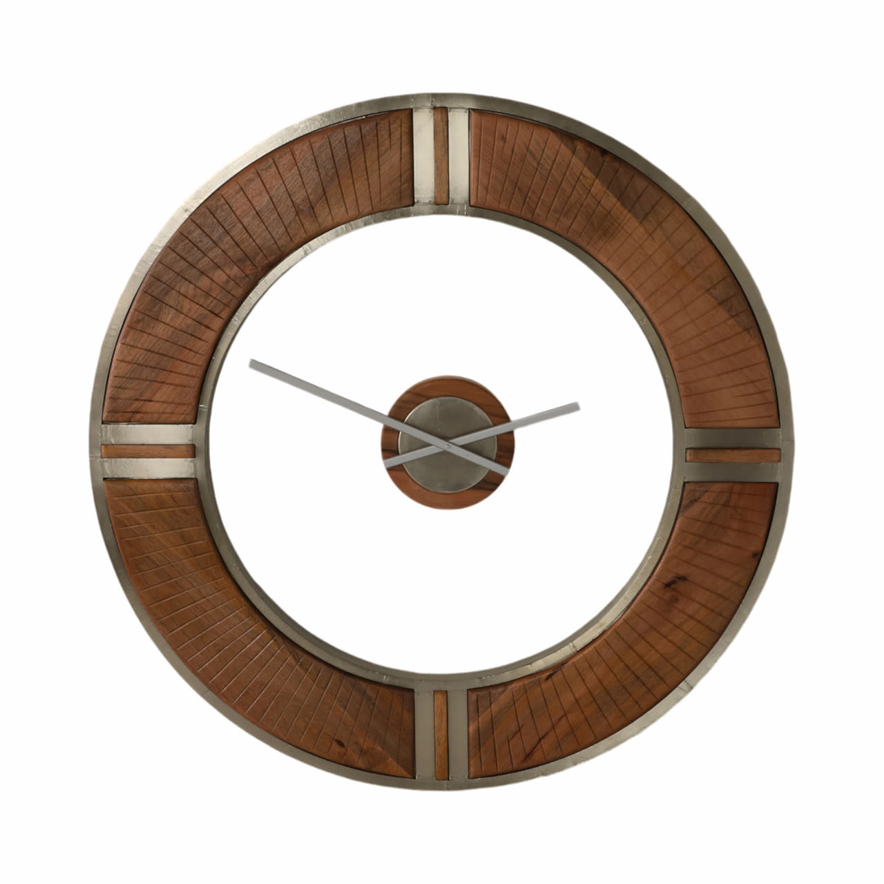 Large round wall clock with wood and metal accents, featuring minimalist hands.