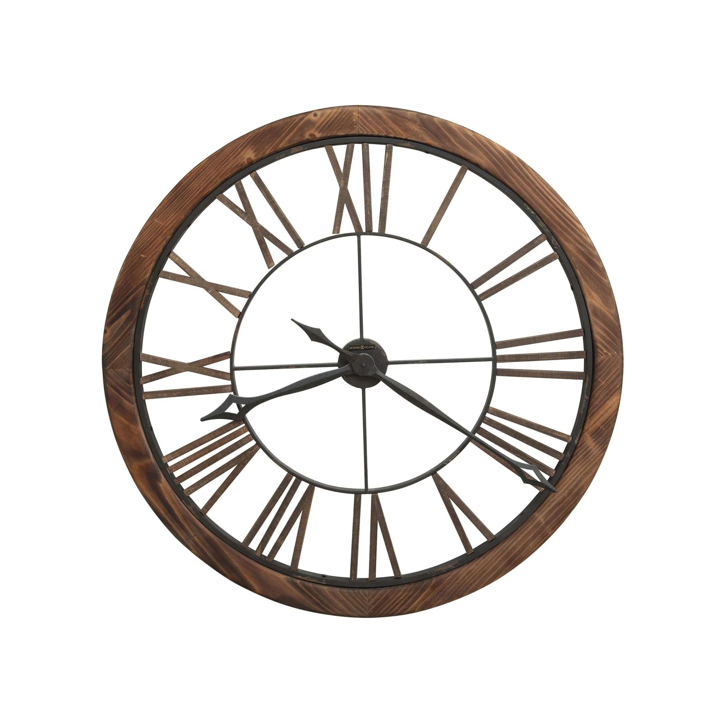 Round wall clock with open Roman numerals and wood frame.