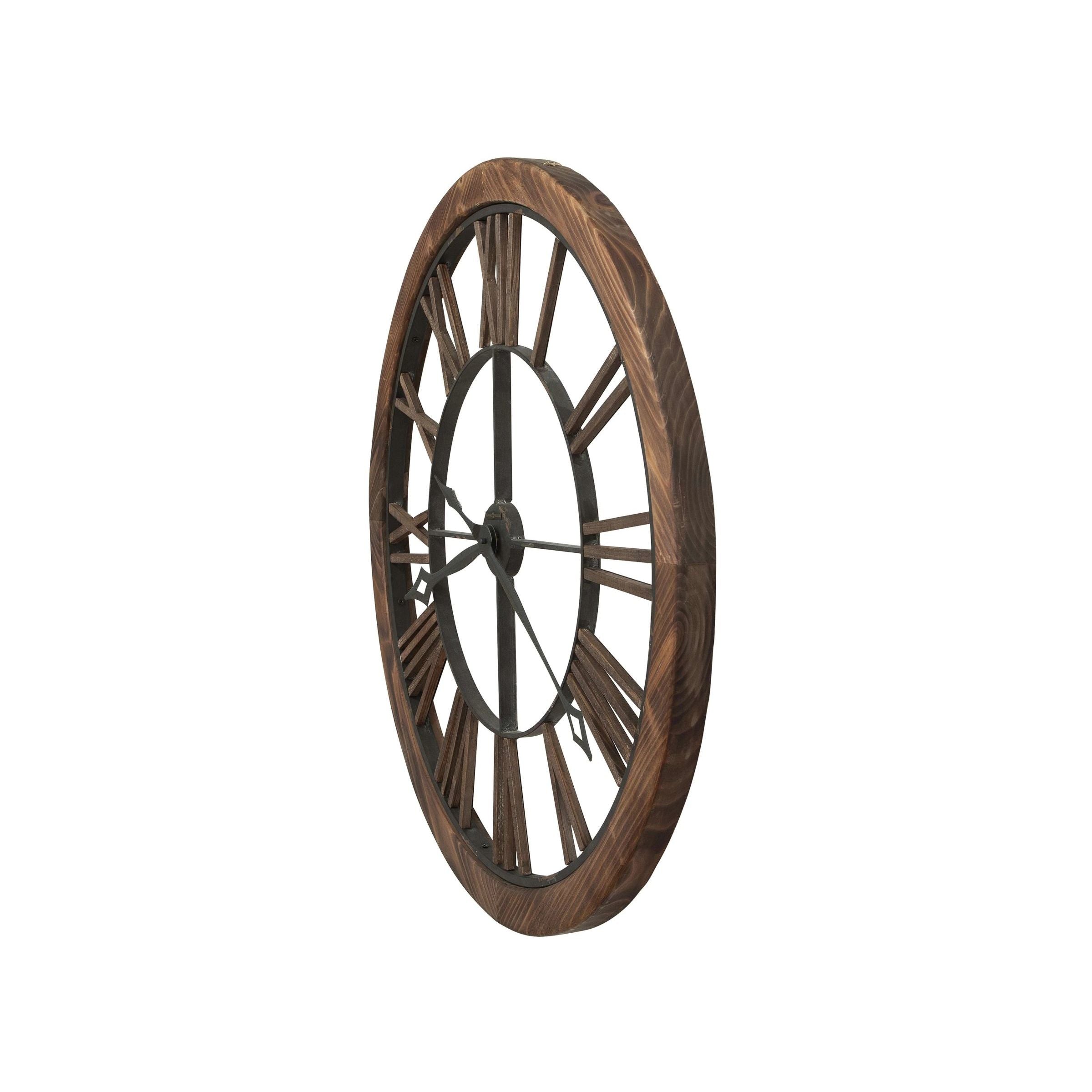 Side view of a large round wall clock with a wood frame and Roman numerals.