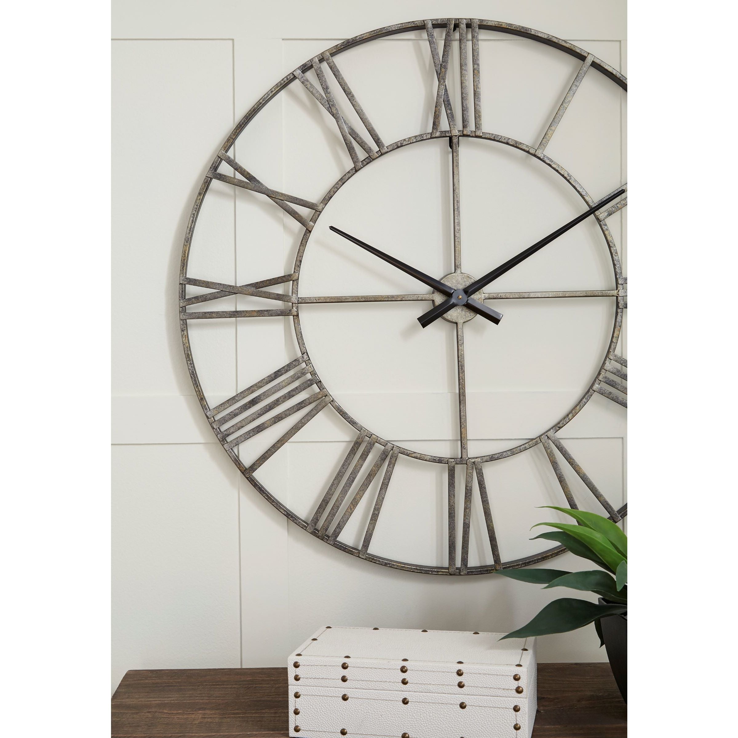 Antique Silver Roman Numeral Metal Wall Clock 36"