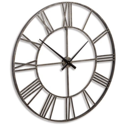 Antique Silver Roman Numeral Metal Wall Clock 36"